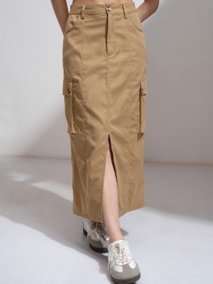 Tokyo Talkies Solid Women Flared Beige Skirt