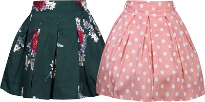 Klowvila Fashion Floral Print Girls Pleated Dark Green, Pink Skirt