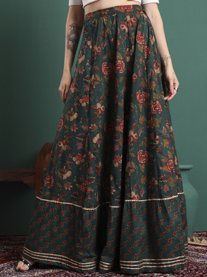 CHARMANT Floral Print Women Flared Green Skirt