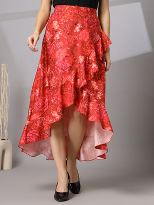 Wordope Floral Print Women Asymetric Red Skirt