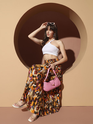 OTABU Floral Print Women Pleated Yellow Skirt