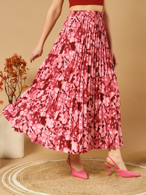 Herway Floral Print Women A-line Red Skirt