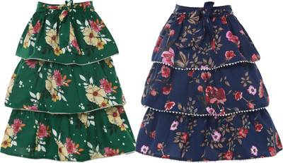 HEAVENS CREATIONS Floral Print Girls Pleated Dark Green Skirt