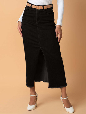 SHOWOFFFF Solid Women Straight Black Skirt