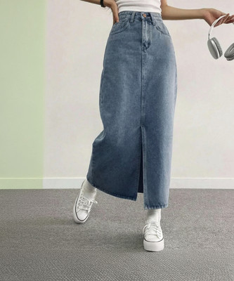 dolsia Solid Women Pencil Blue Skirt