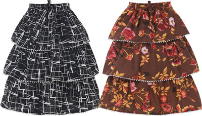 Hunoor Floral Print Girls Pleated Brown Skirt