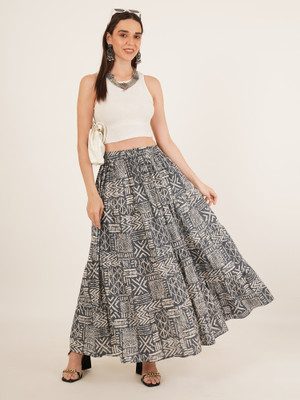 Brownverse Printed Women Pleated Grey Skirt