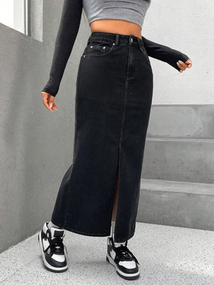 Herway Solid Women Regular Black Skirt