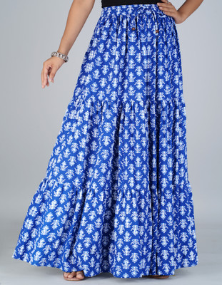 Kastoori Collection Floral Print Women Tiered Blue Skirt