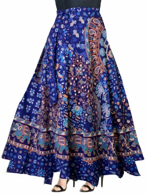 Rangun Floral Print Women Wrap Around Blue Skirt