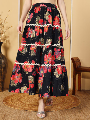 OTABU Floral Print Women Flared Red Skirt