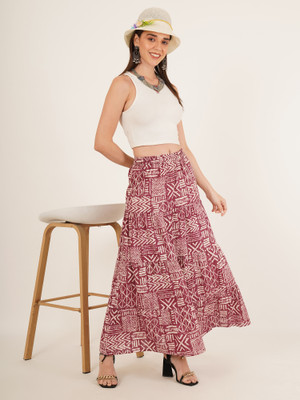 Brownverse Floral Print Women Pleated Maroon Skirt