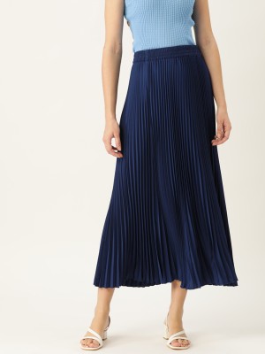 Wisstler Striped Women Pleated Dark Blue Skirt