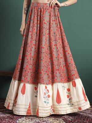 CHARMANT Floral Print Women Flared Orange Skirt