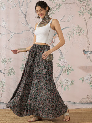 InWeave Floral Print Women A-line Black, Brown Skirt