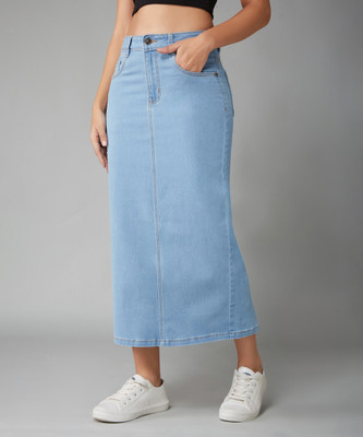 DOLCE CRUDO Solid Women Straight Blue Skirt