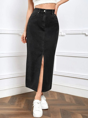 Herway Solid Women Regular Black Skirt