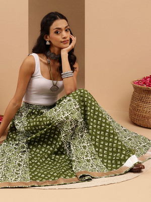 Janasya Floral Print Women Flared Green Skirt