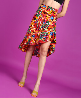 METRONAUT Floral Print Women Asymetric Red Skirt