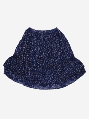 KiddoPanti Floral Print Girls Flared Dark Blue Skirt