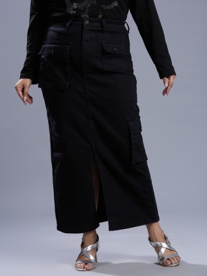 Turning Blue Solid Women Pencil Black Skirt