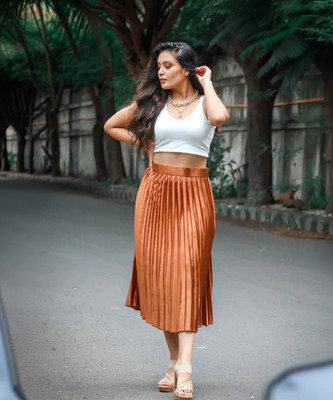 Uptownie Lite Solid Women Pleated Brown Skirt