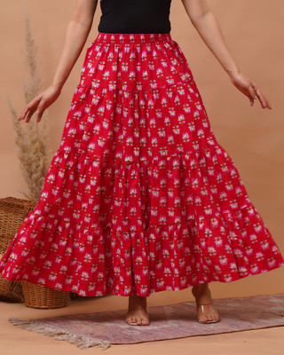 GS CREATION Floral Print Women Flared Red Skirt