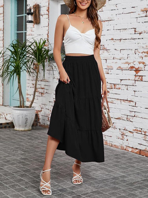 skart Striped, Self Design Women A-line Black Skirt