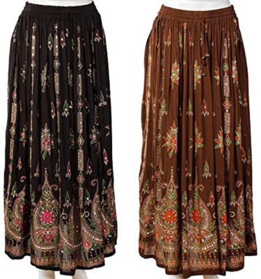 ukal Printed Women Flared Black, Brown Skirt