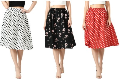 IndiWeaves Floral Print, Printed Women Flared White, Black, Red Skirt