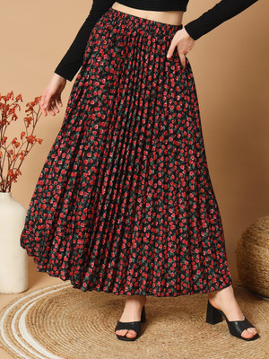 ZWERLON Floral Print Women A-line Red Skirt