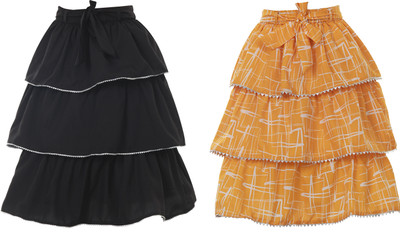 Hunoor Printed Girls Layered Black Skirt
