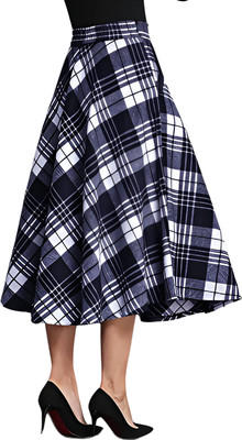 HouseOfCommon Checkered Women Flared Blue Skirt