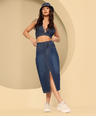 DOLCE CRUDO Solid Women A-line Blue Skirt