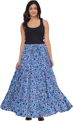 Kastoori Collection Floral Print Women Broomstick Blue Skirt