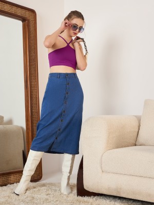 Berrylush Solid Women Straight Blue Skirt