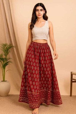 Desilooms Floral Print Women Flared Maroon Skirt