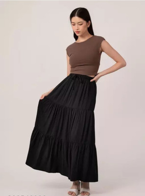 kamnacreation Solid Women Flared Black Skirt
