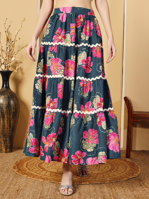 OTABU Floral Print Women Flared Grey Skirt