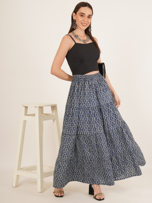 Brownverse Printed Women Pleated Blue Skirt