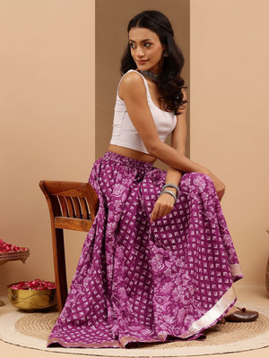Janasya Floral Print Women Flared Purple Skirt