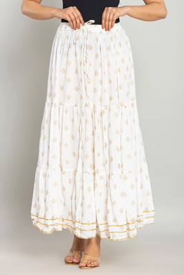 kumbhaj Printed Women Flared White Skirt