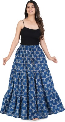 Kastoori Collection Floral Print Women Tiered Dark Blue Skirt