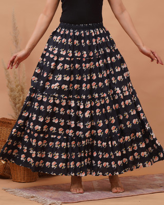 GS CREATION Floral Print Women Flared Black Skirt