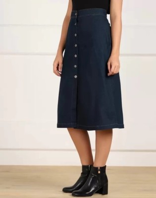 OIOE Solid Women A-line Dark Blue Skirt