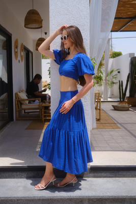 virgio Solid Women Flared Blue Skirt