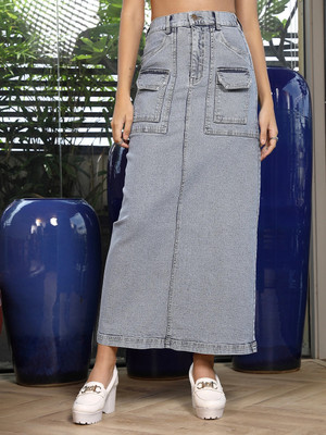 PLUSS Solid Women A-line Blue Skirt