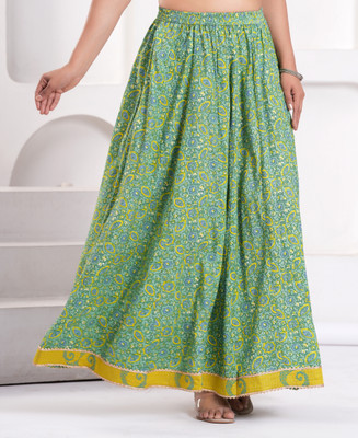 Clothy N Wave Printed Women Flared Green Skirt