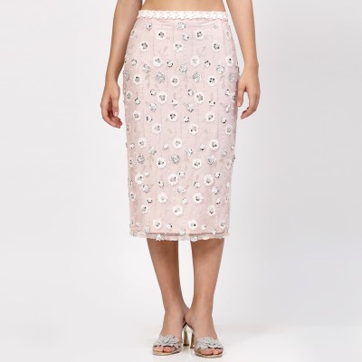 LELA Embroidered Women Straight Pink Skirt