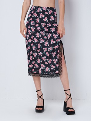 Cover Story Floral Print Women Regular Black Skirt